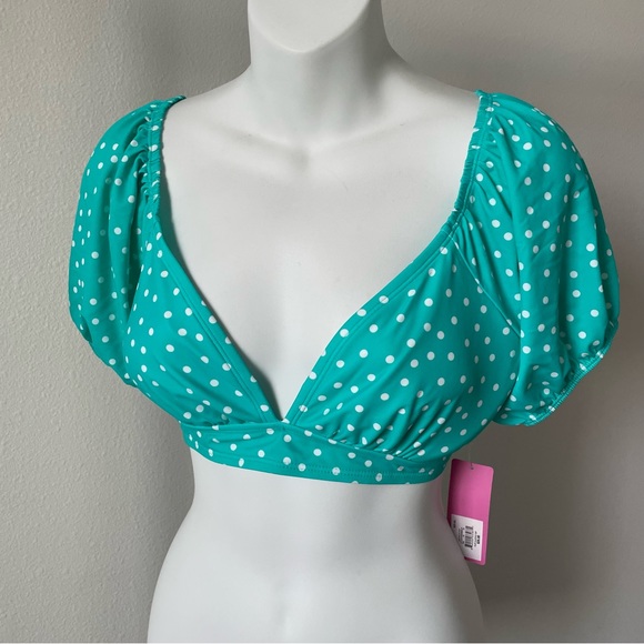 Polka Dot Swimsuit Puff Sleeve Top, Turquoise & White - Picture 3 of 6